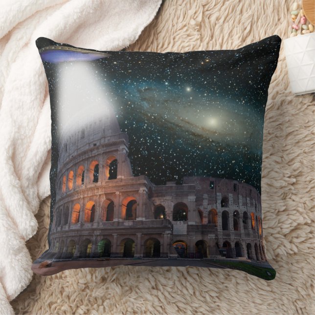 Colosseum Rome Italy Meets Space and UFO Throw Pillow (Blanket)