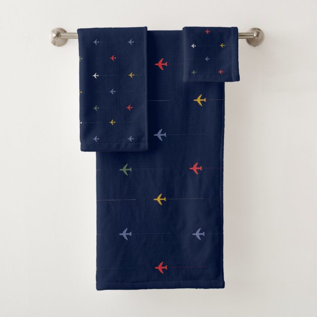 Colour Airplanes Aligned Side by Side on Dark Blue Bath Towel Set (Insitu)