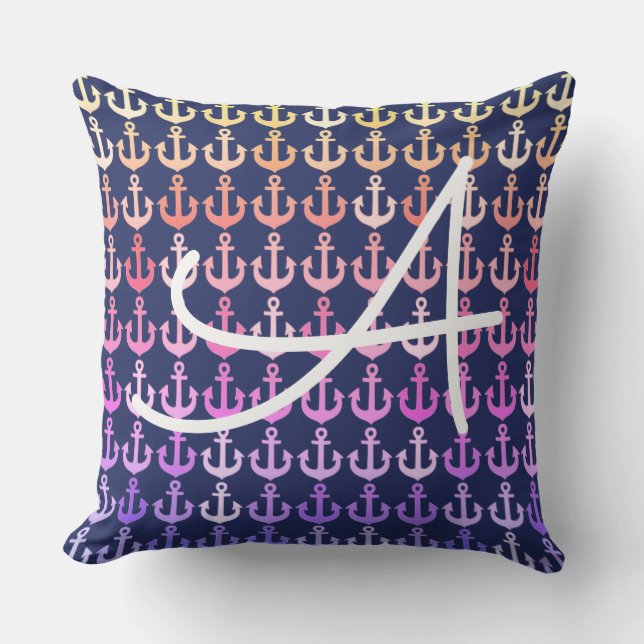colour anchors pattern with initial . nautical throw pillow (Front)