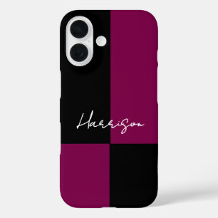 Colour Block Burgundy Black Minimal Custom Name iPhone 16 Case