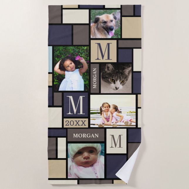 Colour Block Coastal Calm Personalized 5 Photo Beach Towel (Front)