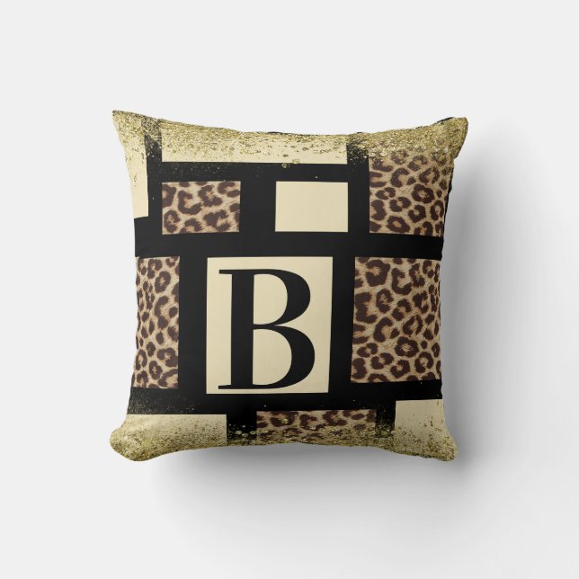 Colour block Cream Ivory Black & Leopard Cheetah Throw Pillow (Front)