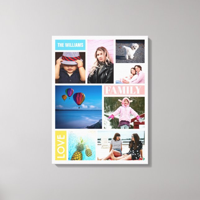 Colour Block Family Love 8 Photo Collage Named Canvas Print (Front)