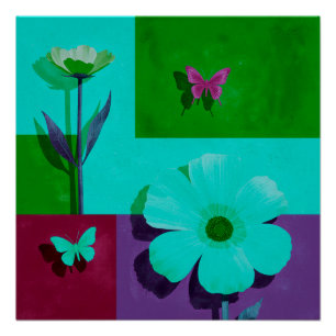 Colour Block Floral Glossy Poster with Butterflies