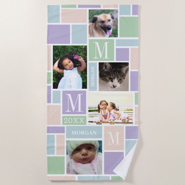 Colour Block Fun Pastels Personalized 5 Photo Beach Towel (Front)