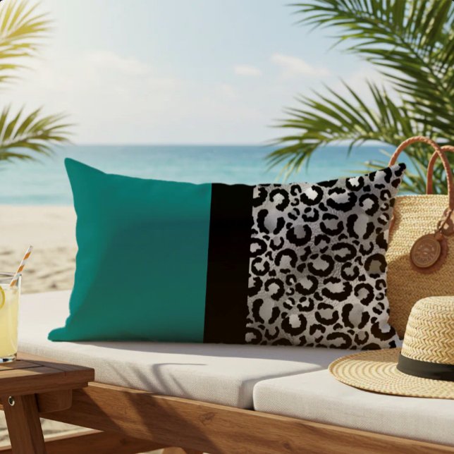 Colour Block Leopard Print Teal Silver Black Lumbar Pillow (Creator Uploaded)