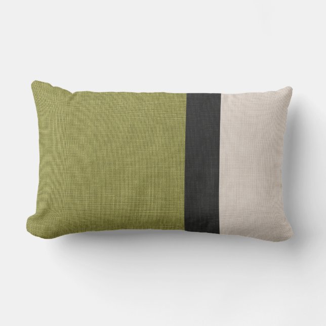 Colour Block Linen Look Green Black Beige Outdoor Lumbar Pillow (Front)