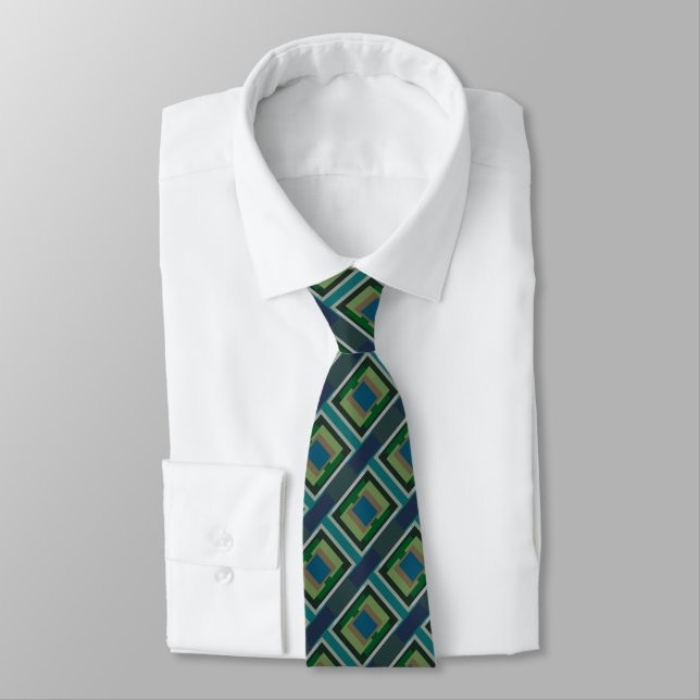 Colour Block Pattern Blue Green Turquoise Grey Tan Tie (Tied)