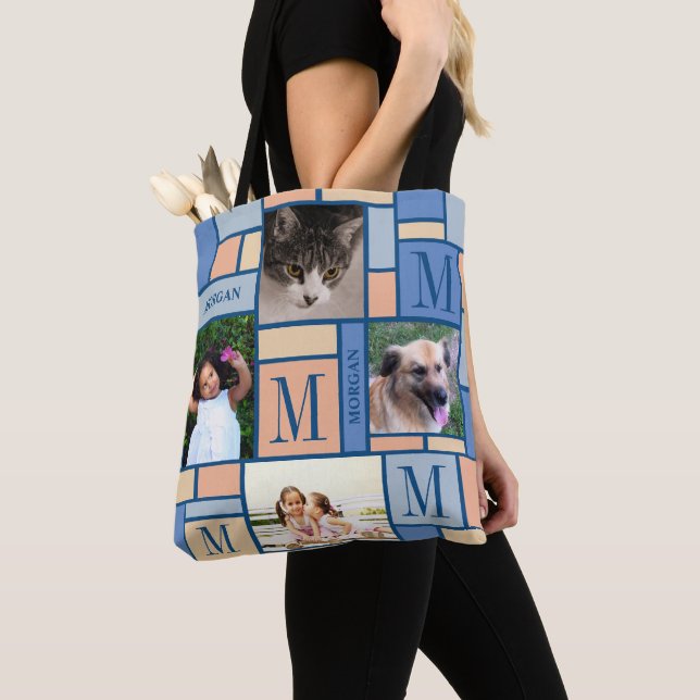 Colour Block Peach Blue Chic Trendy 8 Photo Tote Bag (Close Up)