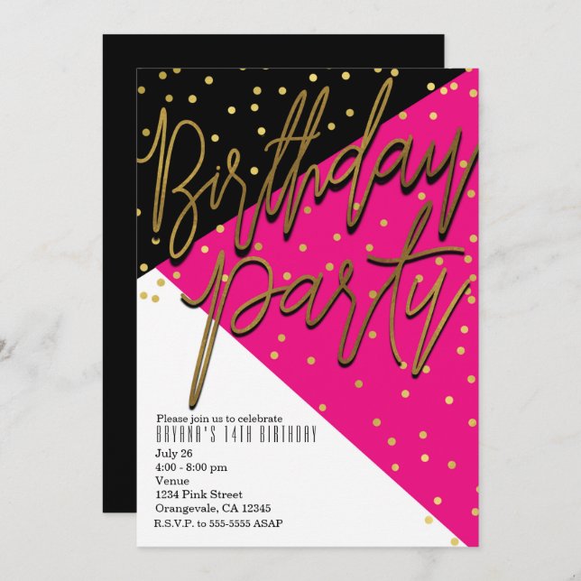 Colour Block Pink Black Gold Birthday Invitations (Front/Back)