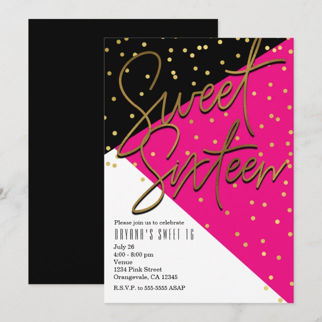 Colour Block Pink Black Gold Sweet 16 Invitations (Front/Back)