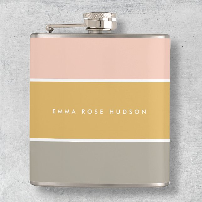 Colour Block Pink Gold Grey Stripe Monogram Hip Flask (Creator Uploaded)
