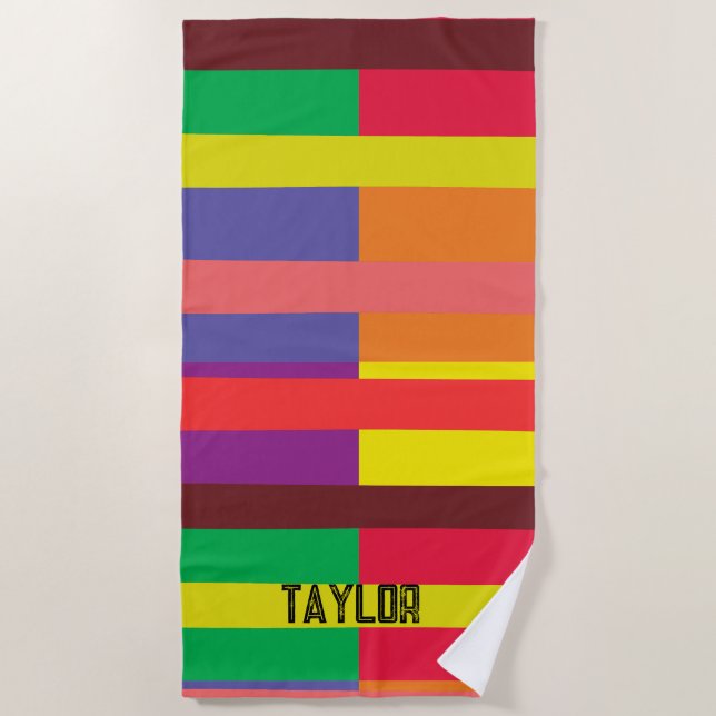 Colour block Stripe Monogram Name Rainbow Beach Towel (Front)
