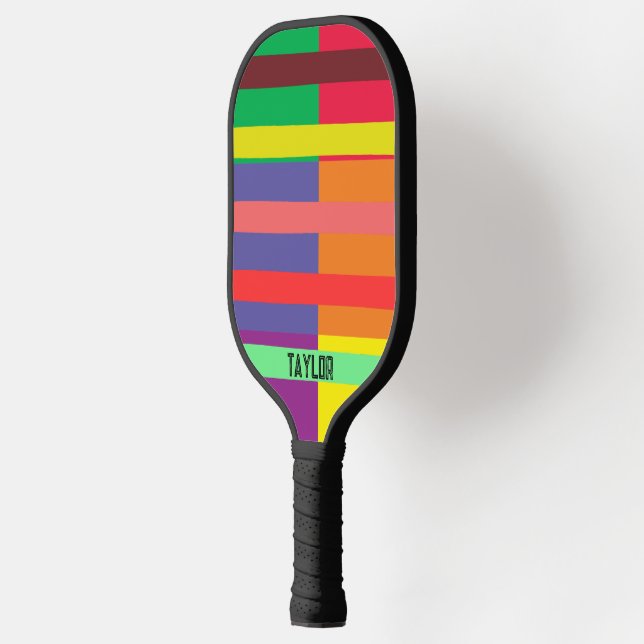 Colour block Stripe Monogram Name Rainbow Pickleball Paddle (Left)