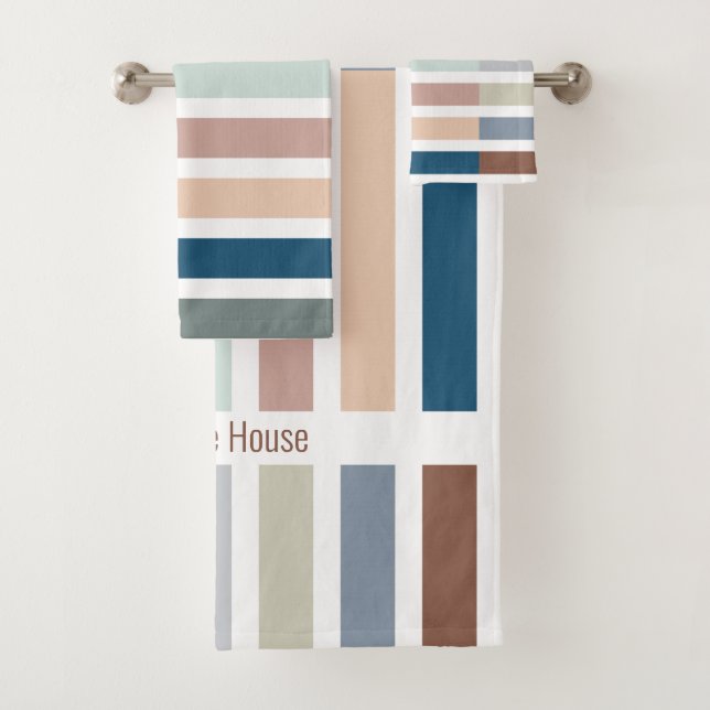 Colour Block Striped Earthy Spa Personalized Bath Towel Set (Insitu)