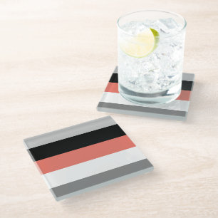 Colour Block Stripes Coral Pink Grey Black White Glass Coaster
