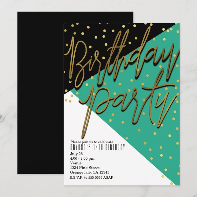 Colour Block Teal Black Gold Birthday Invitations (Front/Back)