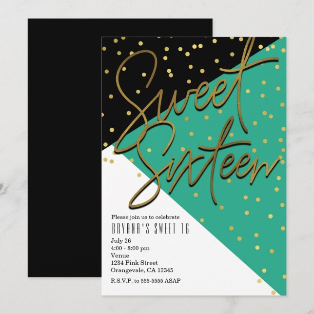 Colour Block Teal Black Gold Sweet 16 Invitations (Front/Back)