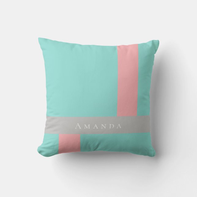 Colour Block teal grey coral name Outdoor Pillow (Front)