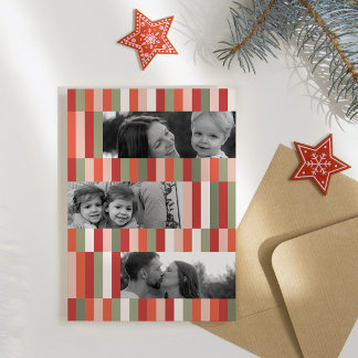 Colour Block Three-Photo Stripe Collage Foil Holiday Card
