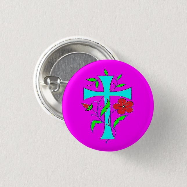 Colour blushing pink with red flowers blue cross 1 inch round button (Front & Back)