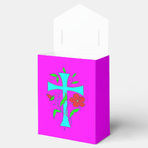 Colour blushing pink with red flowers blue cross favor box