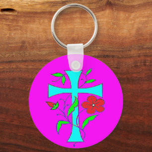Colour blushing pink with red flowers blue cross keychain
