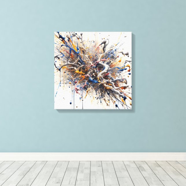 Colour Burst Abstract Art – Energetic Paint Splash Canvas Print (Insitu(Wood Floor))