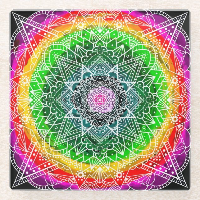 Colour burst Rainbow Prism Mandala   Glass Coaster (Front)
