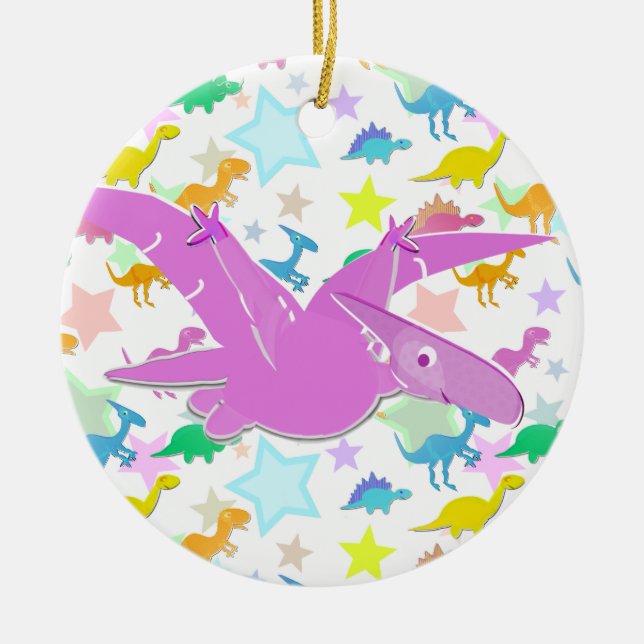Colour Cartoon Pteranodon Stars Circle Ornament (Front)