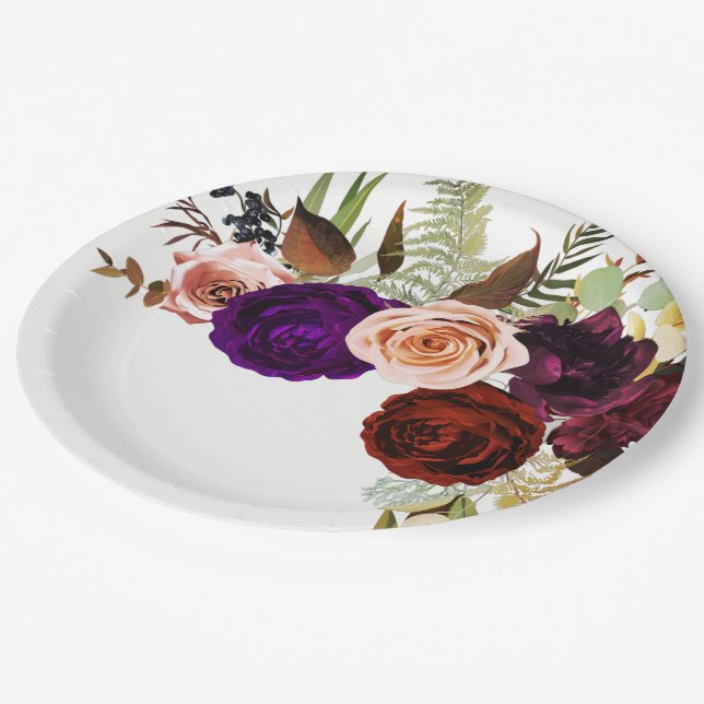 Colour Chic Bold Floral Greenery White Wedding Paper Plate (Angled)