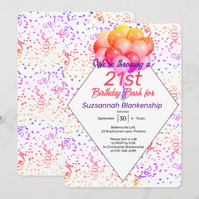 Colour Confetti Balloon Custom Celebration Invitation (Front/Back)