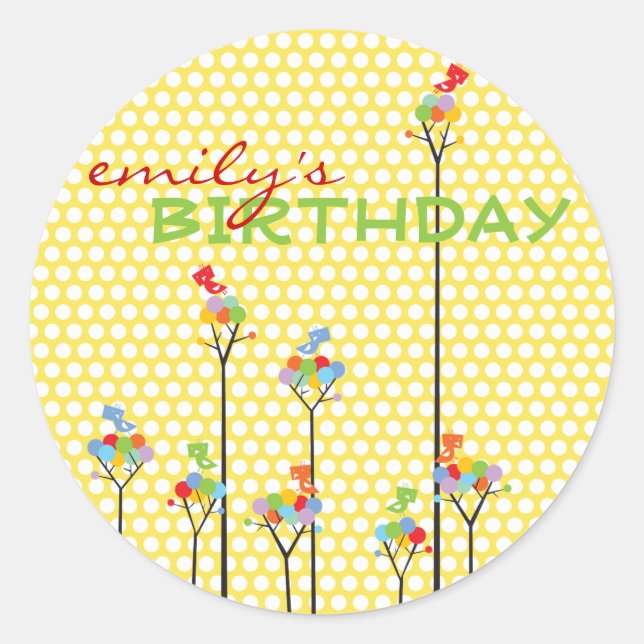 Colour Dot Trees Cute Birds Children Birthday Part Classic Round Sticker (Front)