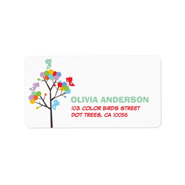 Colour Dot Trees Cute Birds Party Address Labels (Front)