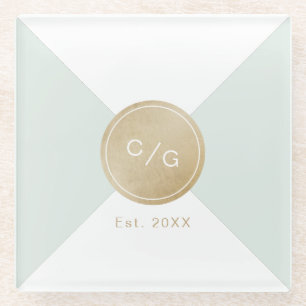 Colour editable minimalist modern wedding monogram glass coaster
