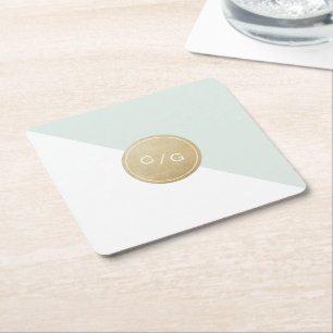 Colour editable minimalist modern wedding monogram square paper coaster