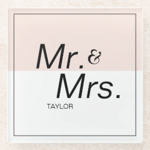 Colour editable minimalist modern wedding mr & mrs glass coaster
