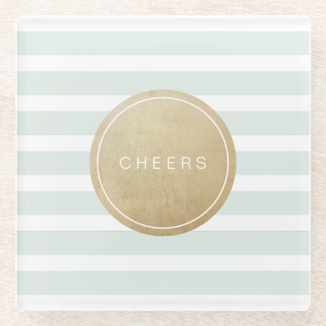 Colour editable modern simple cheers mint stripes glass coaster (Front)