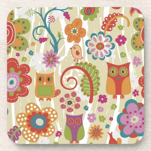 Colour Floral and Owl Coaster (Front)