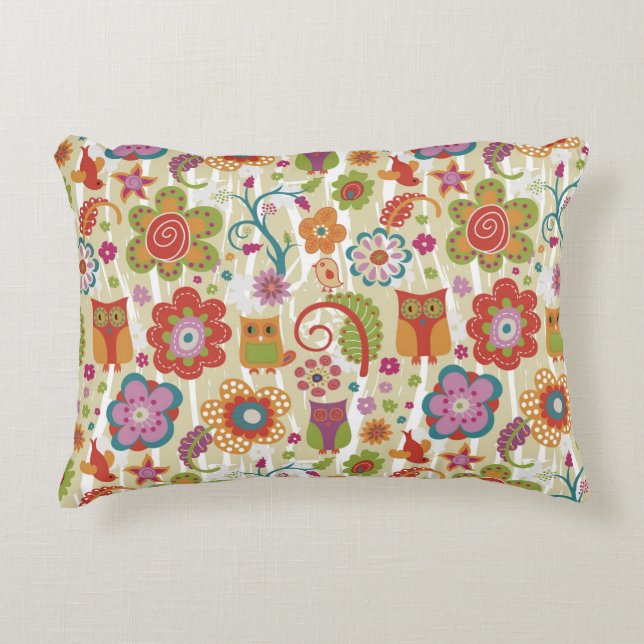 Colour Floral and Owl Decorative Pillow (Front)