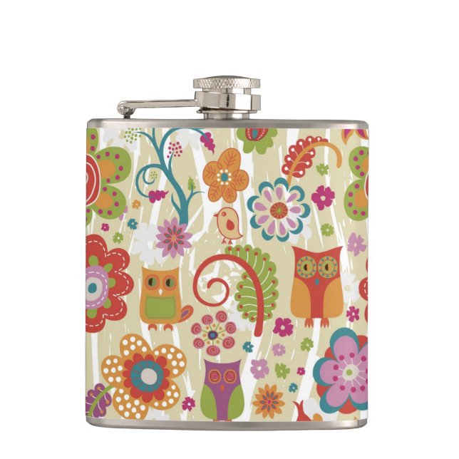 Colour Floral and Owl Hip Flask (Front)