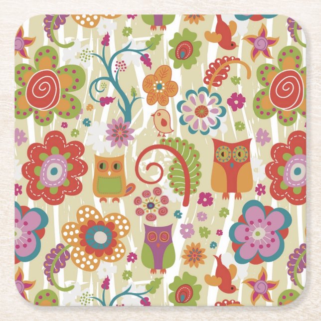 Colour Floral and Owl Square Paper Coaster (Front)