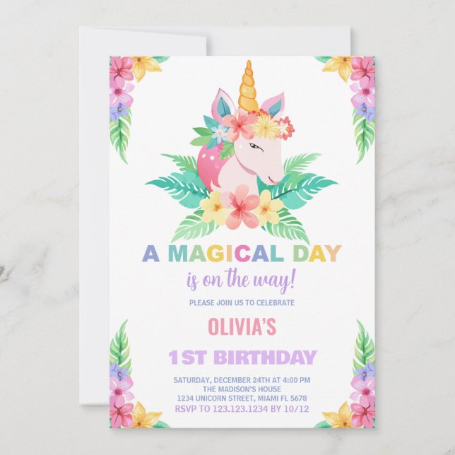 Colour Floral Unicorn Birthday Invitations (Front)
