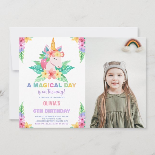 Colour Floral Unicorn Birthday Invitations photo (Front)