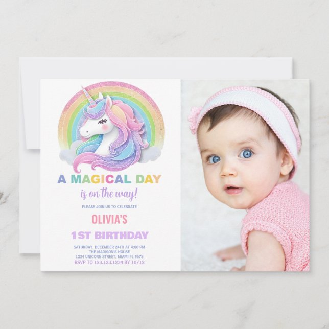 Colour Glitter Unicorns Birthday Invitations photo (Front)