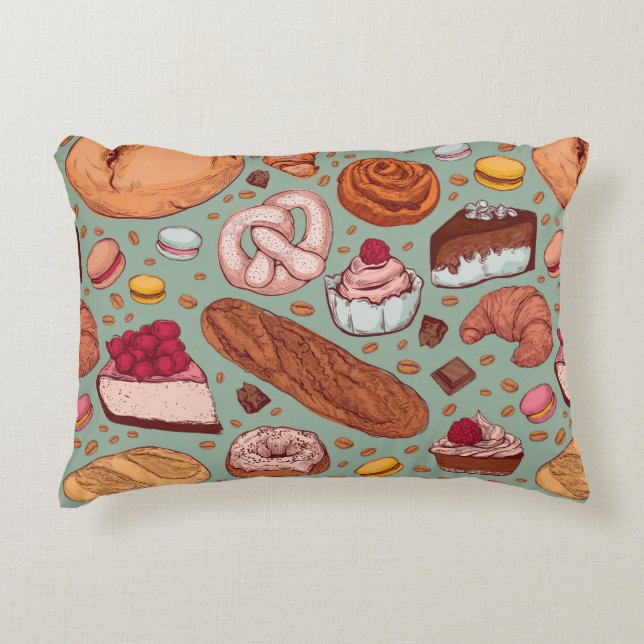 Colour hand drawn sketch style bakery patten. Diff Accent Pillow (Front)
