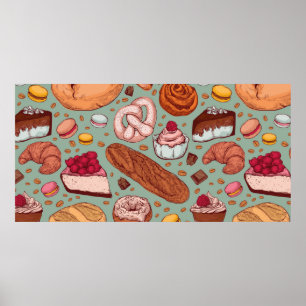 Colour hand drawn sketch style bakery patten. Diff Poster