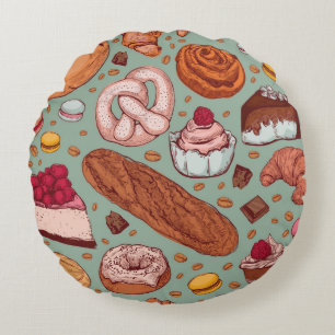 Colour hand drawn sketch style bakery patten. Diff Round Pillow