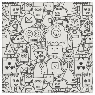Colour it yourself Cute robots on  white Fabric