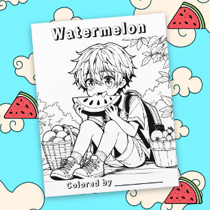 Colour Me Page Anime Boy eating Watermelon